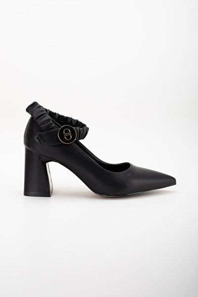 Dilimler Ayakkabı Black Faux Leather Stiletto - Thick Heeled Women's Shoes with Ankle Elastic Band