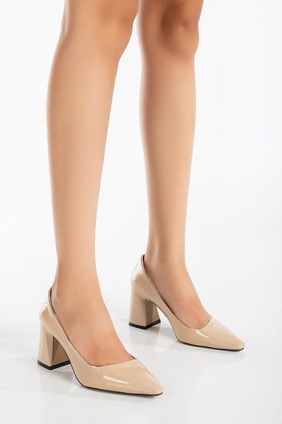 Dilimler Ayakkabı Gold Piping Patent Leather Side-faced Tan Women's Thick Heeled Stiletto