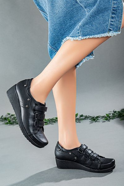 Dilimler Ayakkabı Velcro Skin Black Women's Wedge Sole Casual Shoes