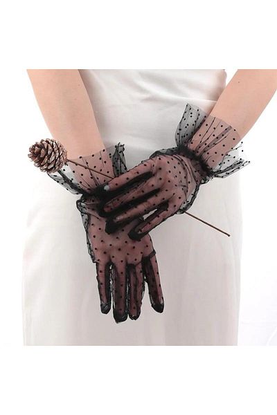 KAYAMU Short Length Laced Black Polka Dot Tulle Gloves Black Color (K0)