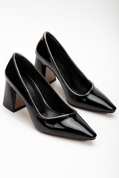 Dilimler Ayakkabı Black Patent Leather Stiletto - Side Face, Gold Piping, Thick Heel