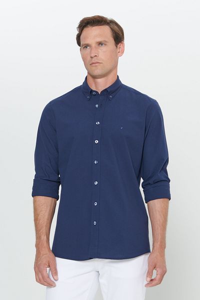 ALTINYILDIZ CLASSICS Ανδρικό πουκάμισο μπλέ Navy Slim Fit στενό γιακά με κομμένο κουμπί 100% βαμβάκι