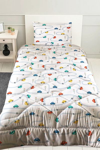 Else Dekor Colorful Car Traffic Patterned Boy's Single Quilted Quilt Pillow with Case