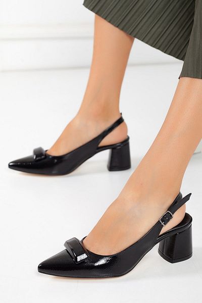 Dilimler Ayakkabı Patent Leather Buckle Black Women's Low Heel Shoes