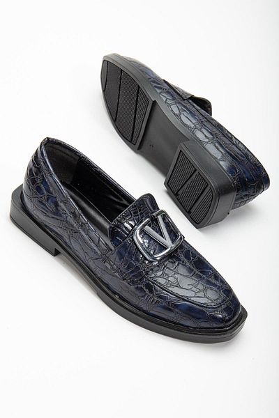 Dilimler Ayakkabı Crocodile Printed Leather Buckle Navy Blue Women's Casual Shoes
