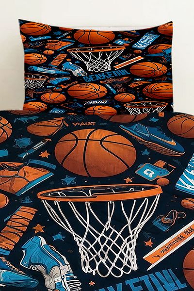 Else Dekor Basketball Balls Patterned Boy's Single Quilted Quilt with Pillowcase