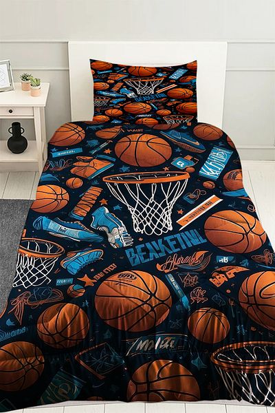 Else Dekor Basketball Balls Patterned Boy's Single Quilted Quilt with Pillowcase