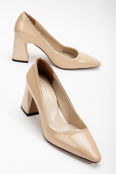 Dilimler Ayakkabı Gold Piping Patent Leather Side-faced Tan Women's Thick Heeled Stiletto