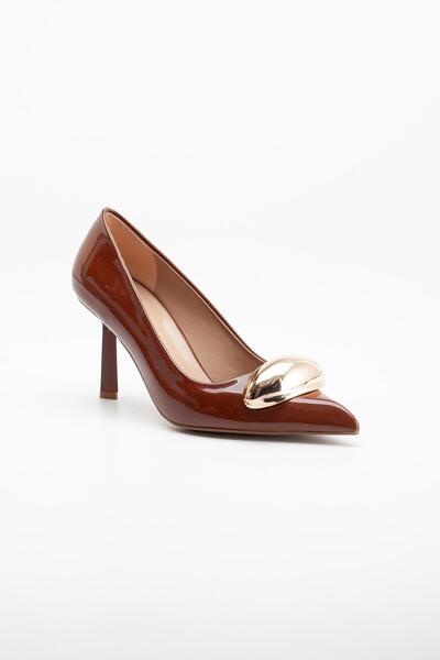 Dilimler Ayakkabı Patent Leather Tan Women's Stiletto - Thin Heel and Metal Accessories