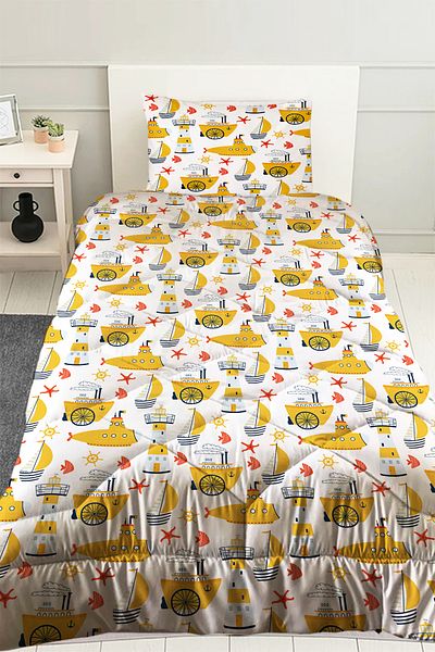 Else Dekor Yellow Submarine Sailor Ship Patterned Boy's Single Quilted Quilt Pillow with Cover