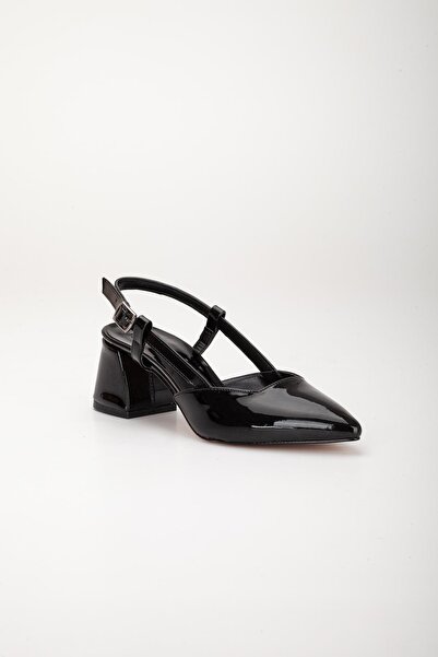 Dilimler Ayakkabı Large Size Patent Leather Black Women's Heeled Shoes with Side Poles