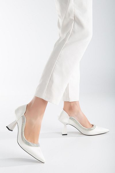 Dilimler Ayakkabı Satin Thick Row Stoned White Toc Stiletto pentru femei Goblet