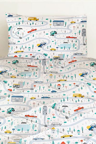 Else Dekor Car Driving Traffic Patterned Boy's Single Quilted Quilt Pillow with Case