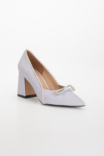 Dilimler Ayakkabı Satin Jewelled Thick Heel Gray Women's Stiletto