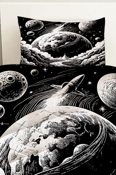 Else Dekor Ασπρόμαυρο Space Moon Planet Παιδικό μονό καπιτονέ πάπλωμα με μοτίβο με μαξιλαροθήκη