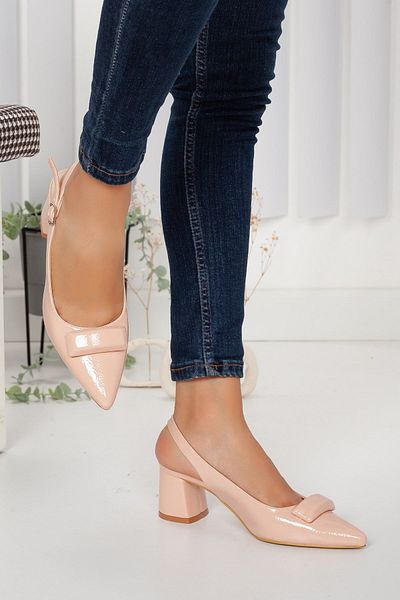 Dilimler Ayakkabı Patent Leather Buckle Powder Women's Short Heeled Shoes