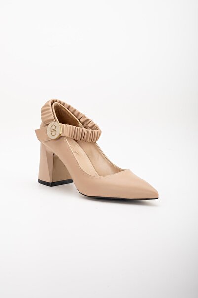 Dilimler Ayakkabı Nude Faux Leather Stiletto - Thick Heeled, Ankle Elastic Band Women's Shoes