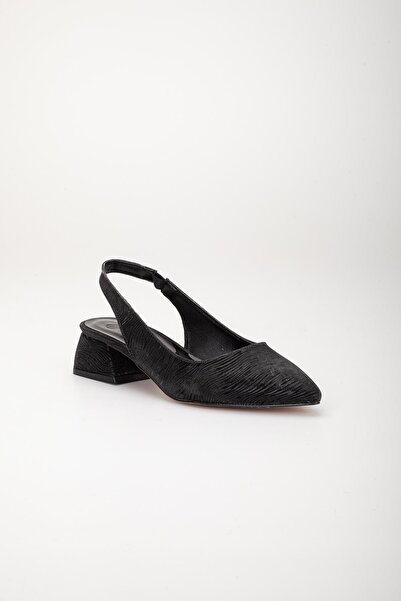 Dilimler Ayakkabı Large Size Shiny Striped Leather Black Women's Heeled Shoes