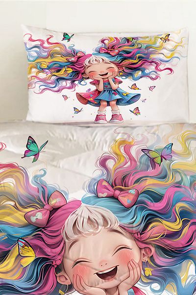 Else Dekor Cute Colorful Girl Patterned Children's Single Quilted Quilt Pillow with Case