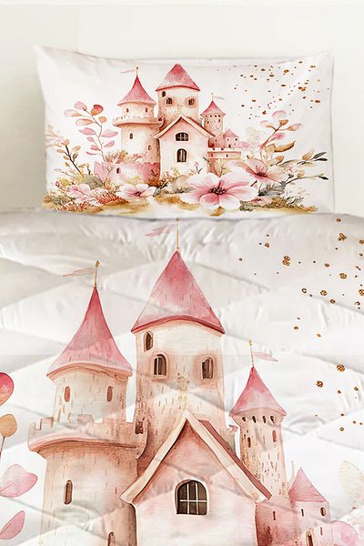 Else Dekor Pink Princess Chateau Patterned Girl's Single Quilted Quilt Pillowcase