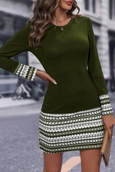 Mossta Φόρεμα με λαιμόκοψη και μανίκια με δύο κλωστές με τύπωμα Χακί