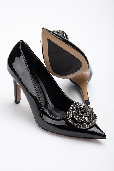 Dilimler Ayakkabı Patent Leather Thin Heel Stoned Black Women's Stiletto