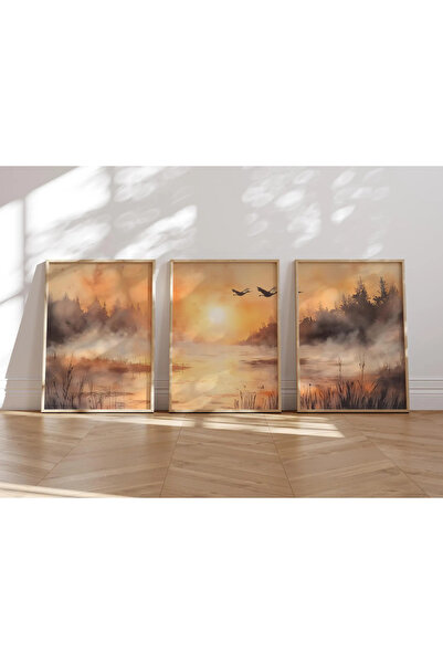 woodhomeworks Ahşap Çerçeveli 3 Lü Soyut Tablo Home Ev Salon Oturma Odası Yat...