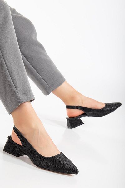 Dilimler Ayakkabı Large Size Shiny Striped Leather Black Women's Heeled Shoes