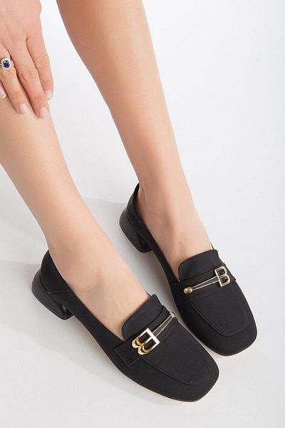 Dilimler Ayakkabı Buckle Satin Blunt Toe Black Women's Short Heeled Shoes