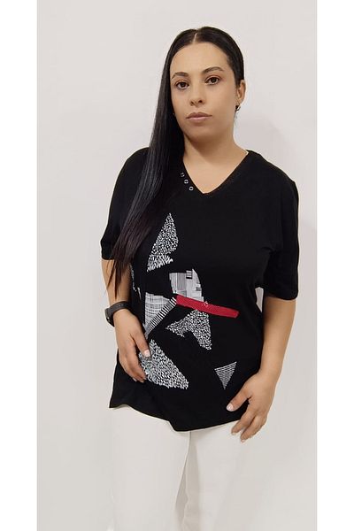 AKŞEN GİYİM LARGE SIZE COLLAR WITH EYELET FRONT AND PRINT DETAIL SHORT SLEEVE COTTON V-NECK MARIN BLUZ