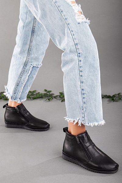 Dilimler Ayakkabı Genuine Leather Zippered Flat Sole Black Women's Boots