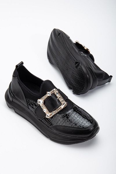 Dilimler Ayakkabı Stoned Thick Sole Stretch Black Women's Loafer Casual Shoes