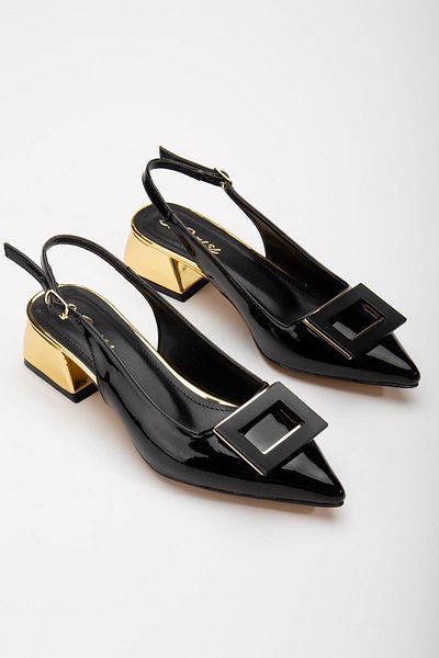 Dilimler Ayakkabı Black Patent Leather - Double Colored Square Buckle Women's Heeled Shoes