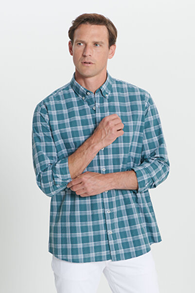 ALTINYILDIZ CLASSICS Ανδρικό πράσινο-λευκό Comfort Fit Comfort Fit 100% βαμβακερό καρό πουκάμισο με κουμπιά