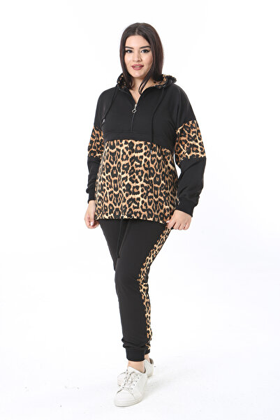 Şans Kadın Büyük Beden Leo Leopar Garnili Sweatshirt Pantolon İkili Takım 65N38375