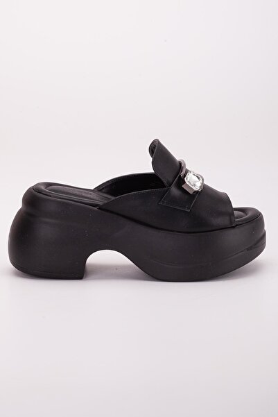 Dilimler Ayakkabı Black Women's Wedge Heel Slippers - Platform Sole, Buckle Stone Skin