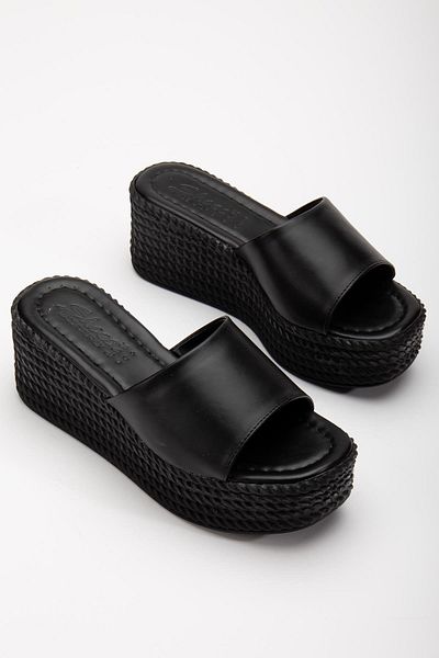 Dilimler Ayakkabı Black Straw Wedge Heeled Slippers - Thick Tekband