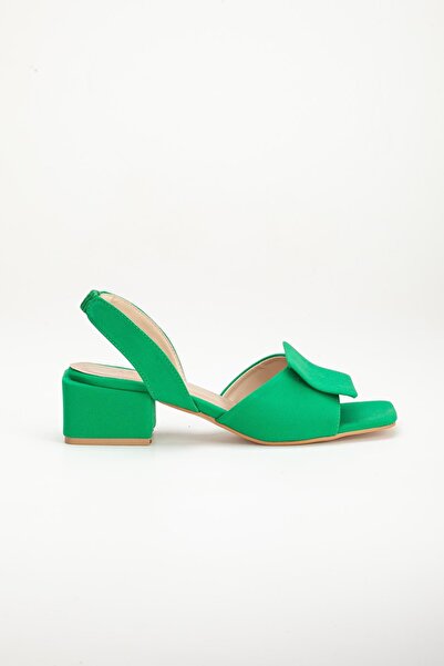 Dilimler Ayakkabı Zara Satin Thick Buckle Green Women's Heeled Shoes