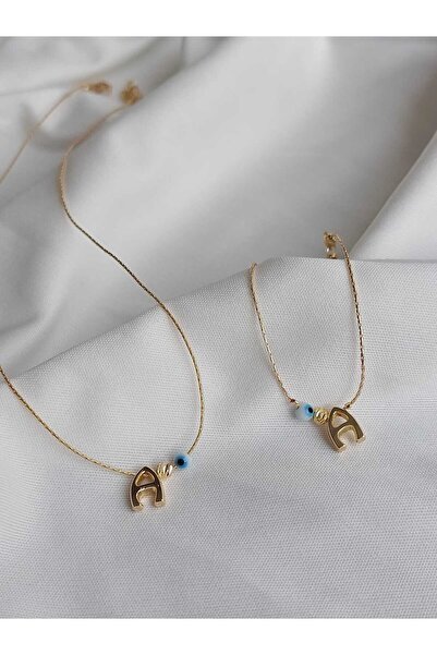 bijoux uniques طقم قلادة وسوار مطلي باللون الذهبي بتفاصيل عين الشر على شكل حرف A