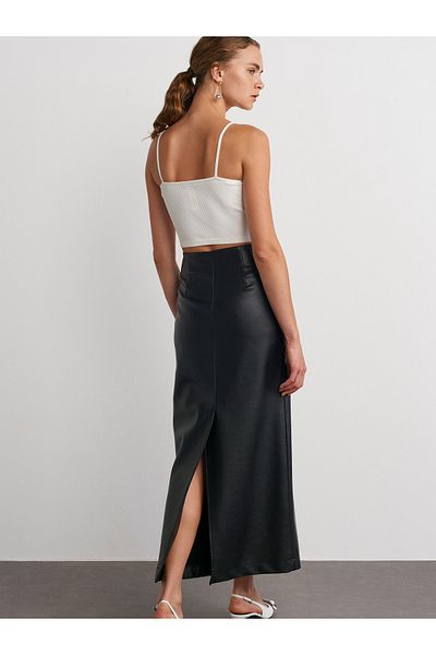 Dilvin 80385 Zipper Detailed Faux Leather Skirt-Black