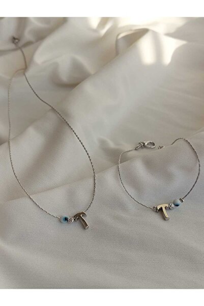 bijoux uniques طقم قلادة وسوار مطلي بتفاصيل عين الشر على شكل حرف T
