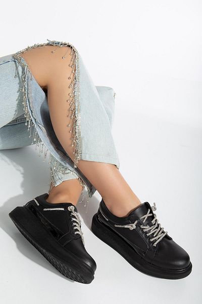 Dilimler Ayakkabı Black Patent Leather Stone Balloon Sole Women's Sports Shoes