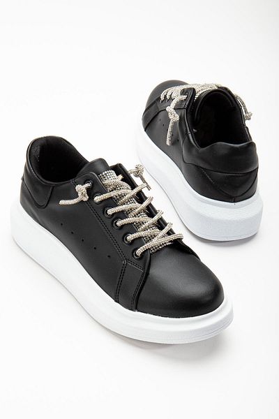 Dilimler Ayakkabı Black and White Women's Sneakers with Stone Lace Detail