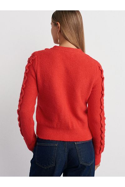 Dilvin 60267 Crew Neck Frilly Buttoned Knitwear Cardigan-Red