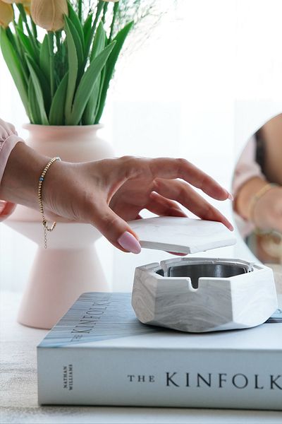 sin istanbul Hexagonal Steel Ash Tray with Marble Patterned Cover