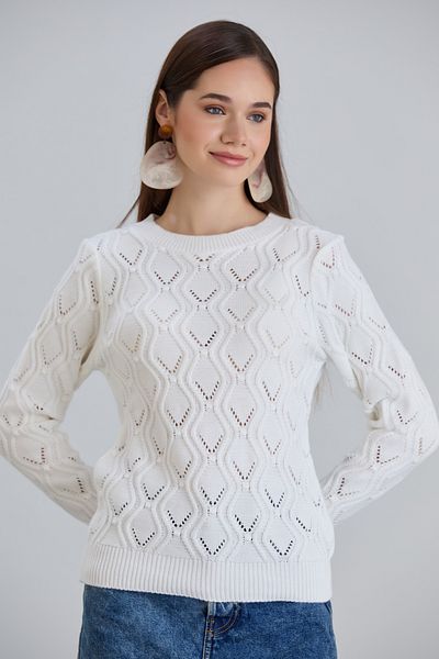 hanope Pulover alb tricotat pentru femei, cu modele ajurate