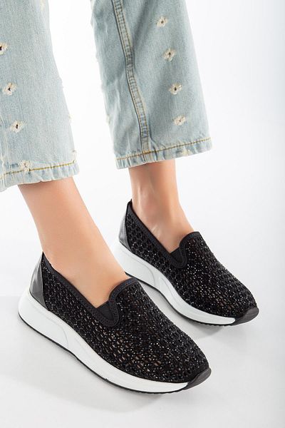 Dilimler Ayakkabı Stoned Laser Printed Laceless Black Women's Casual Sports Shoes
