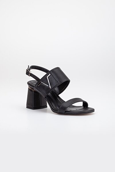 Dilimler Ayakkabı Thick Banded Heeled Skin Black Women's Heeled Sandals