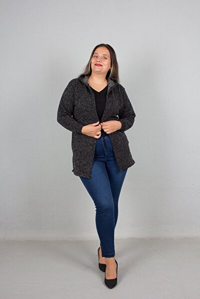 Truva XXL Large Size Glittery Hooded Knitwear Cardigan Black