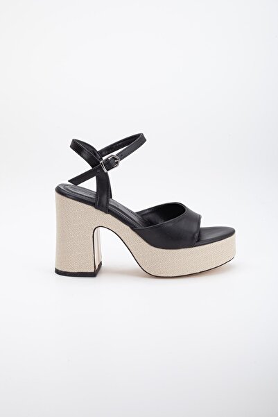 Dilimler Ayakkabı Straw Coated Sole Hard Hat Skin Black Women's Platform Heel Shoes